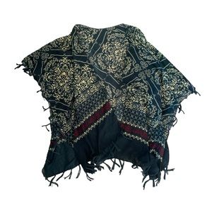 Boho hippie casual black red and taupe shawl size small with tassles